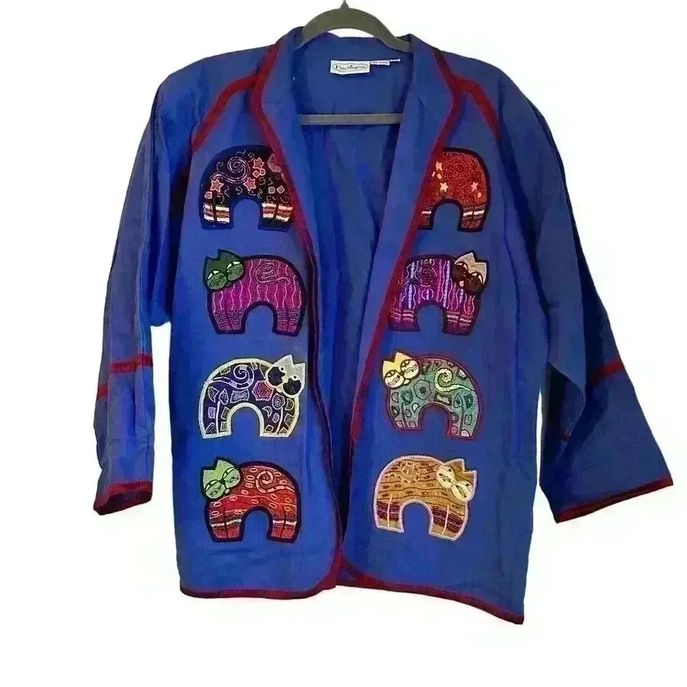 Vintage Patchington Cat Long Sleeve Silk Trim Sweater Jacket Size XS